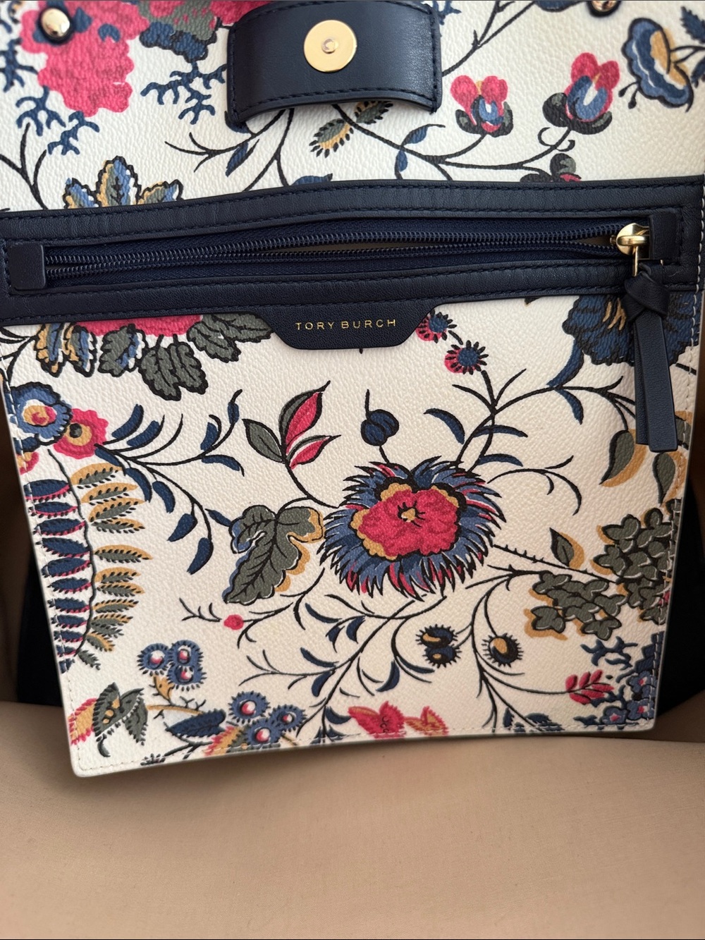 Tory Burch Floral Print Tote Bag with Navy Handles - Cream & Multicolor - Picture 9 of 15